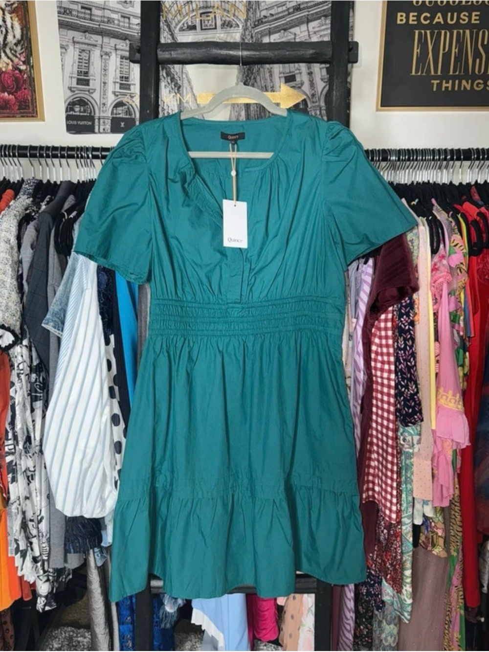 100% Organic Cotton Poplin Tiered Mini Dress in Garden Green